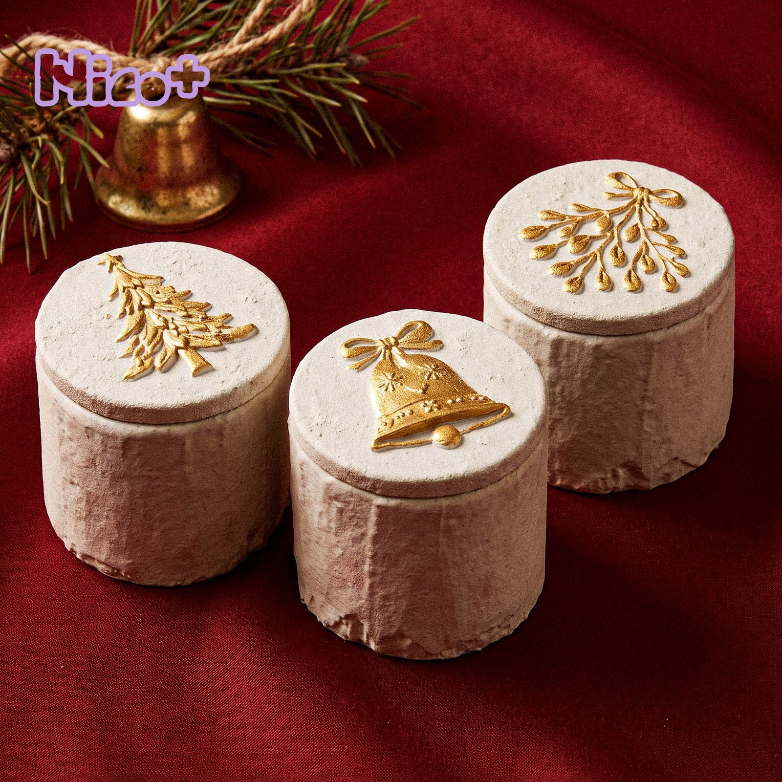 Azulmostaza x Boowan Nicole Cozy Christmas Candle Jar Silicone Mold Collection - three rustic candle jars with tree, bell, and mistletoe lid emblems