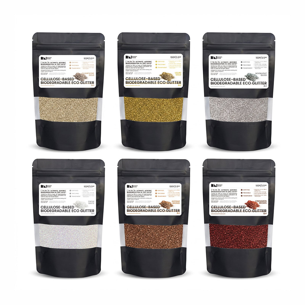 Cellulose-based biodegradable eco glitter in six colors, 100 g resealable pouches