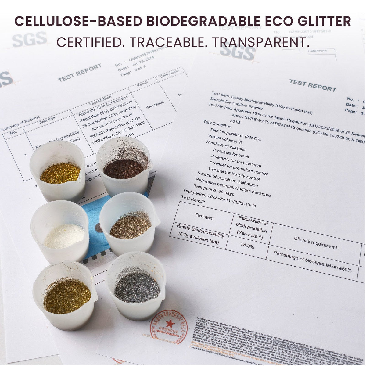 SGS certified biodegradable glitter test report with glitter samples