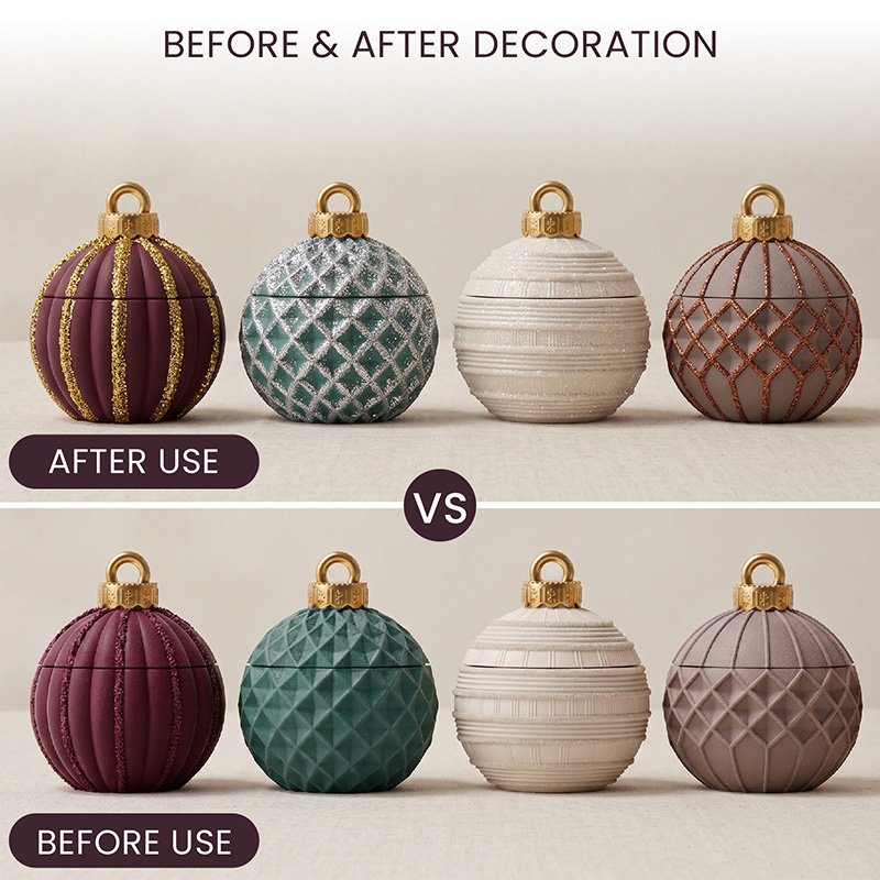 Before and after: plaster Christmas ornaments decorated with eco glitter