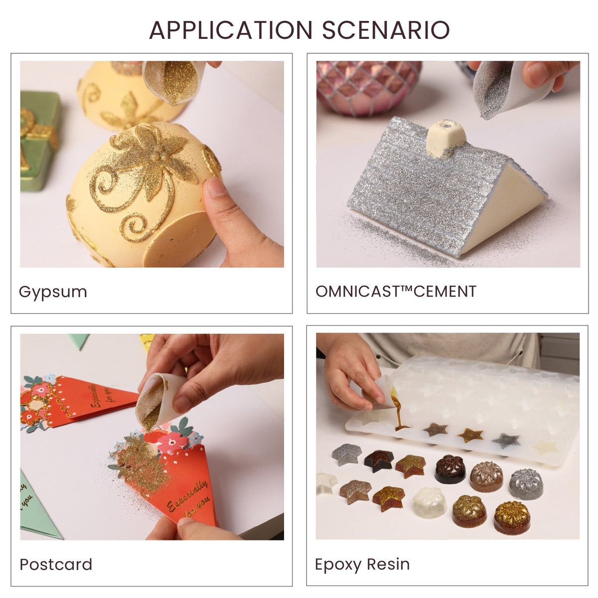 Eco glitter applications: gypsum, OmniCast cement, postcards and epoxy resin