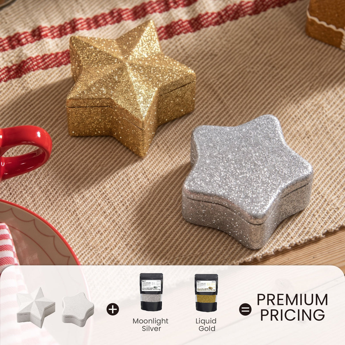 Gold and silver glitter star boxes made with eco glitter