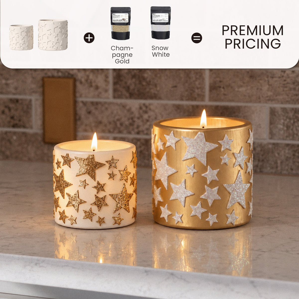 Pillar candles decorated with glitter stars