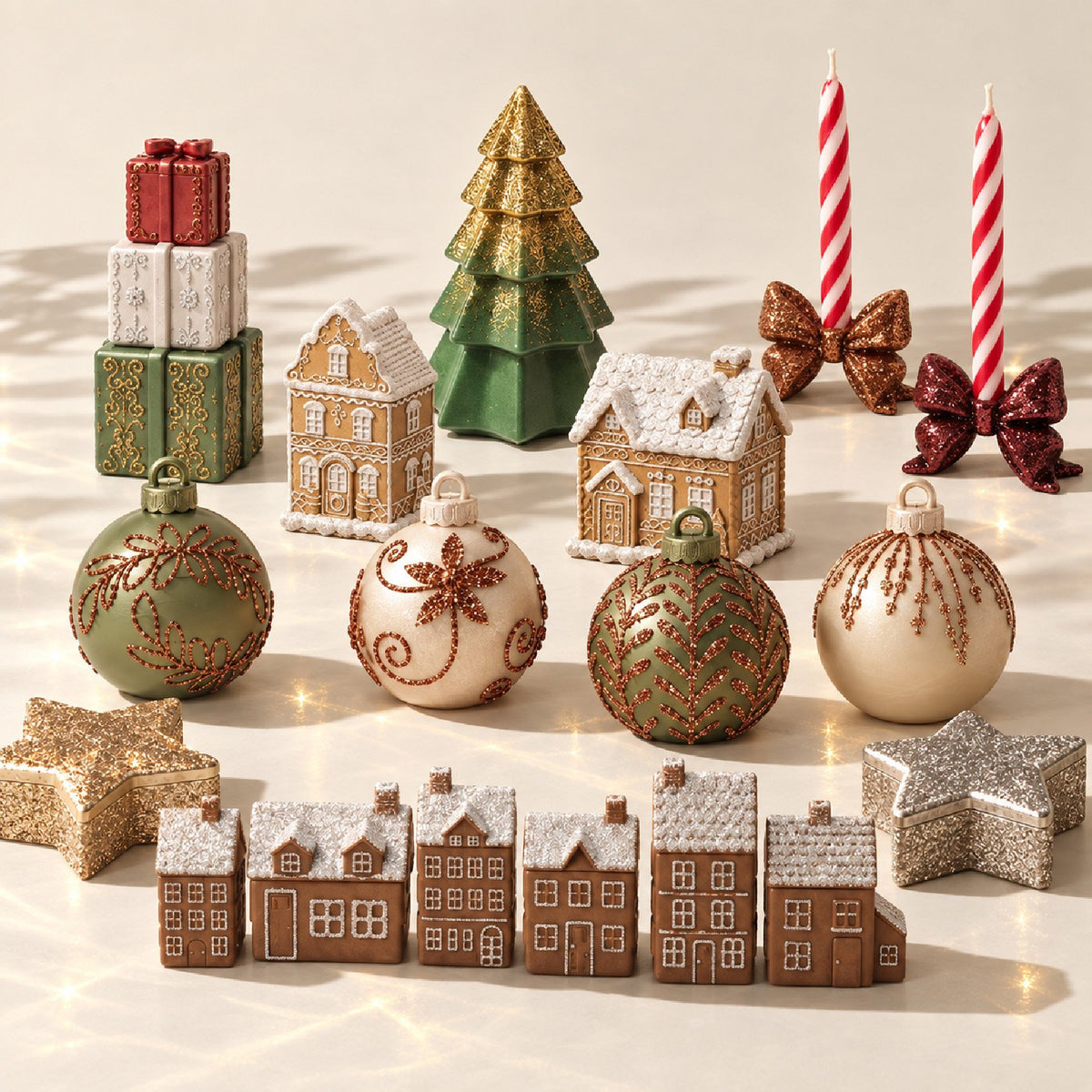 Christmas display of glitter ornaments, houses and trees
