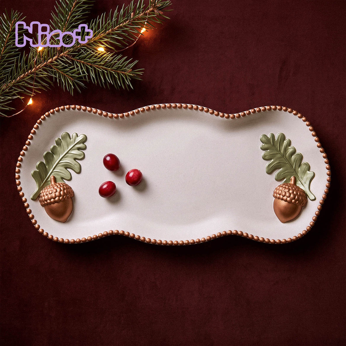Studio82 x Boowan Nicole Forest Acorn Tray Silicone Mold poured resin tray with oak leaf and acorn accents, styled with cranberries