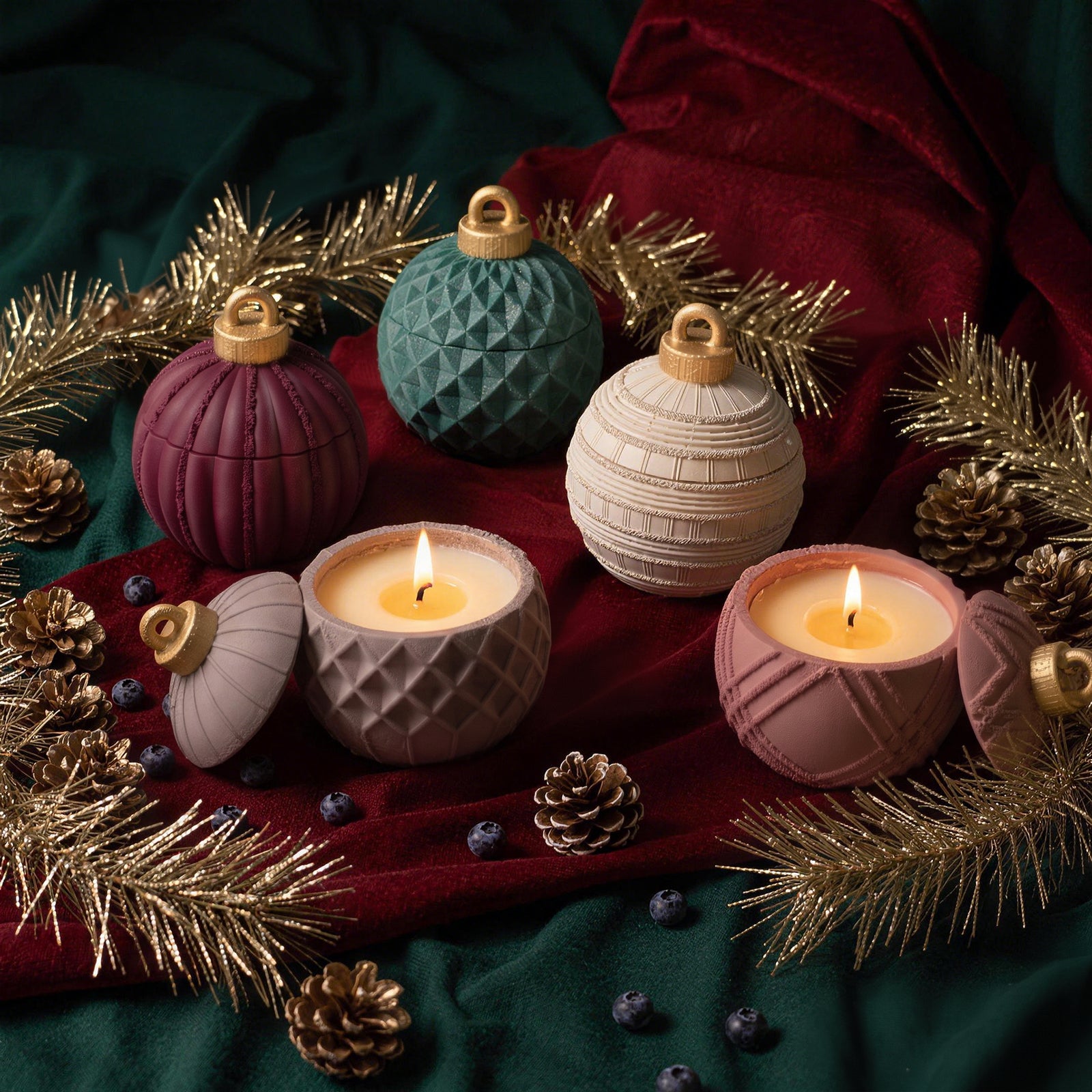 Geometric Pattern Christmas Bauble Candle Jar - open jar with lit candle detail