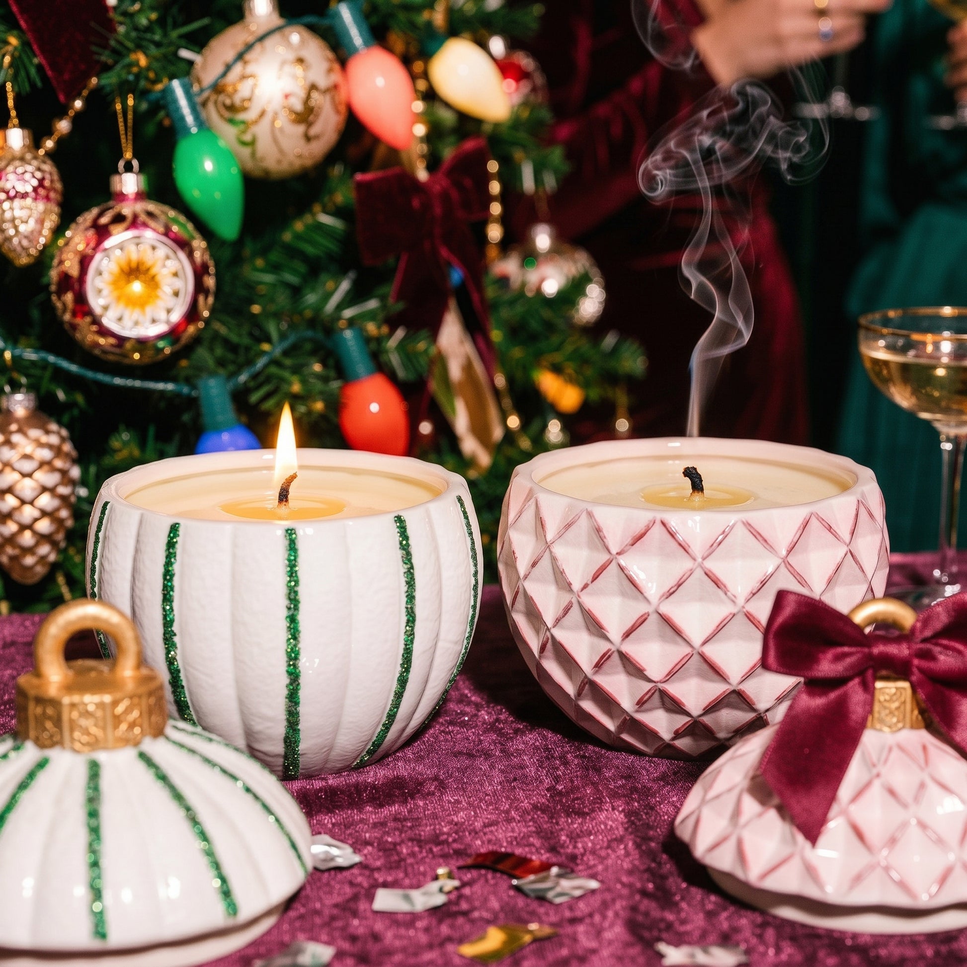 Geometric Pattern Christmas Bauble Candle Jar - lit candle close up