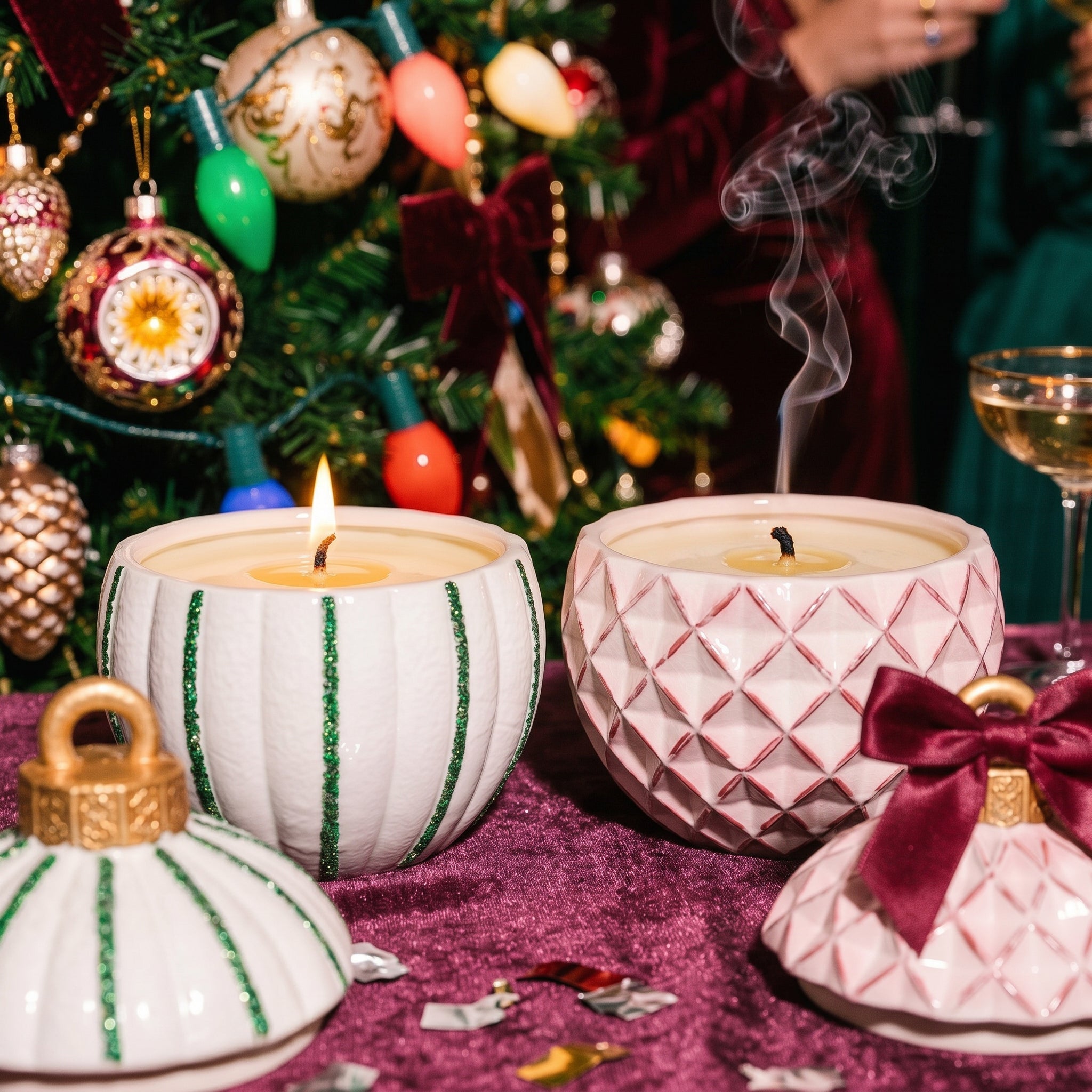 Geometric Pattern Christmas Bauble Candle Jar - lit candle close up