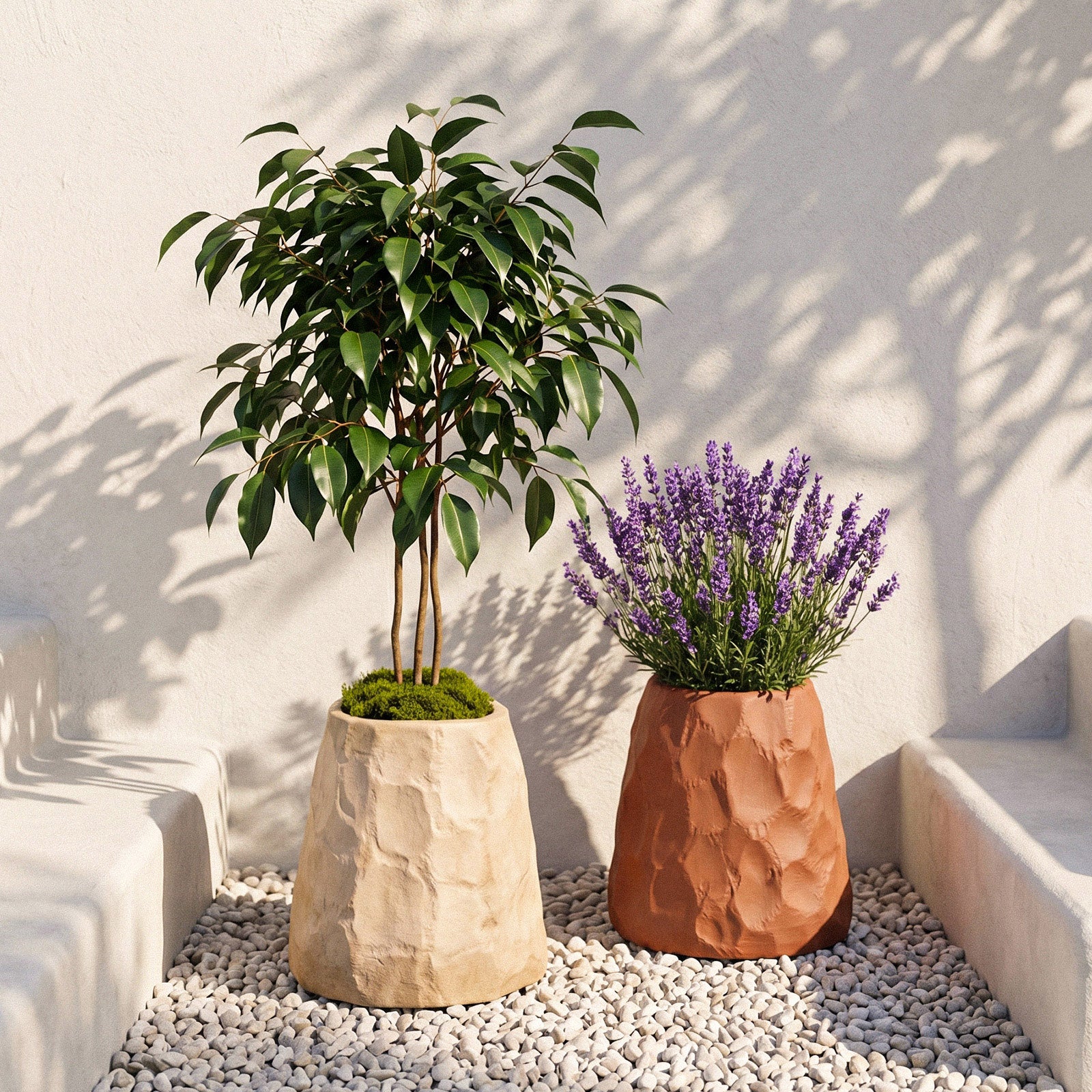 Beige & Terracotta Chiseled Stone Planters Outdoors - Boowan Nicole