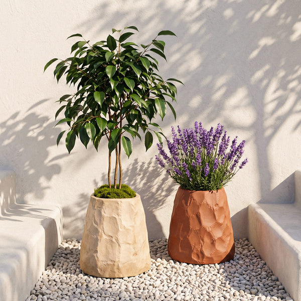Beige & Terracotta Chiseled Stone Planters Outdoors - Boowan Nicole