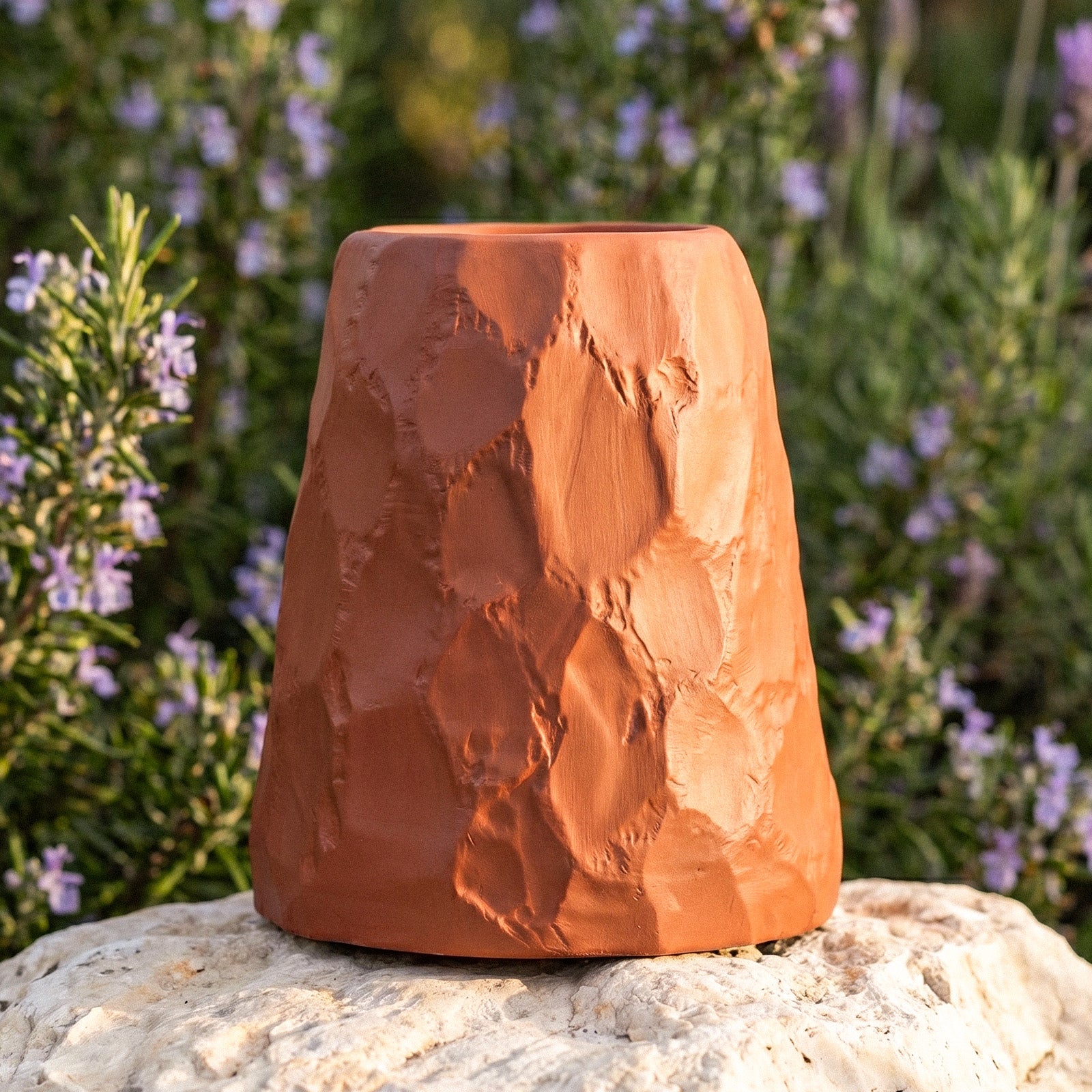 Terracotta Chiseled Stone Planter Outdoors with Herbs - Boowan Nicole