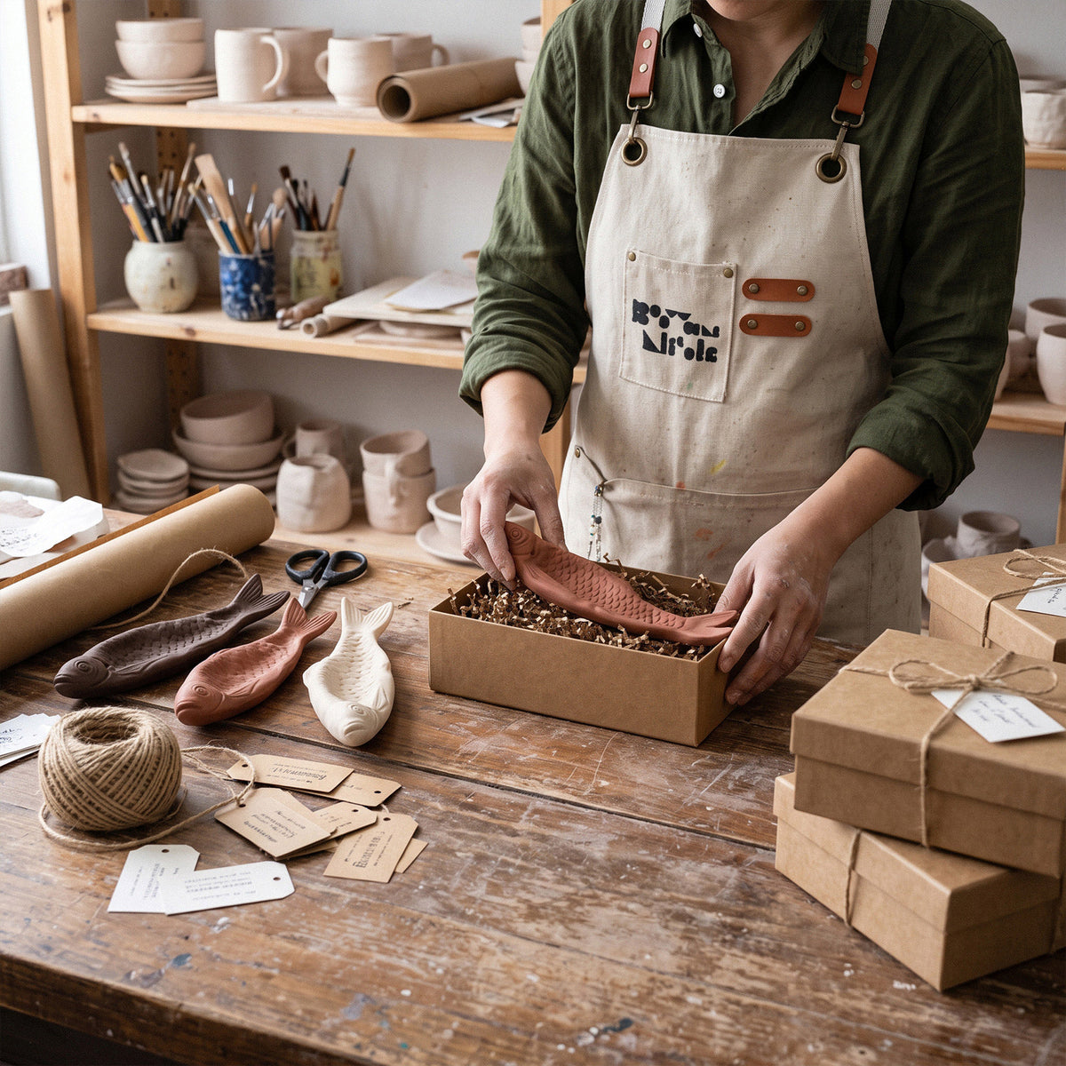 Packing a handmade fish incense holder in a gift box