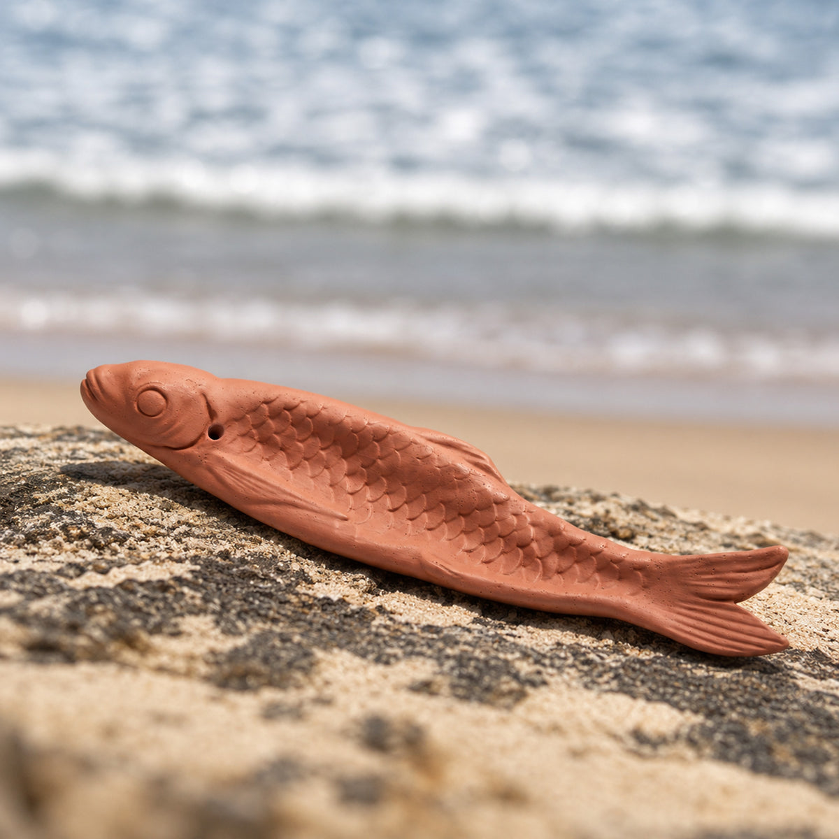 Terracotta fish incense holder displayed on a rock beside the sea
