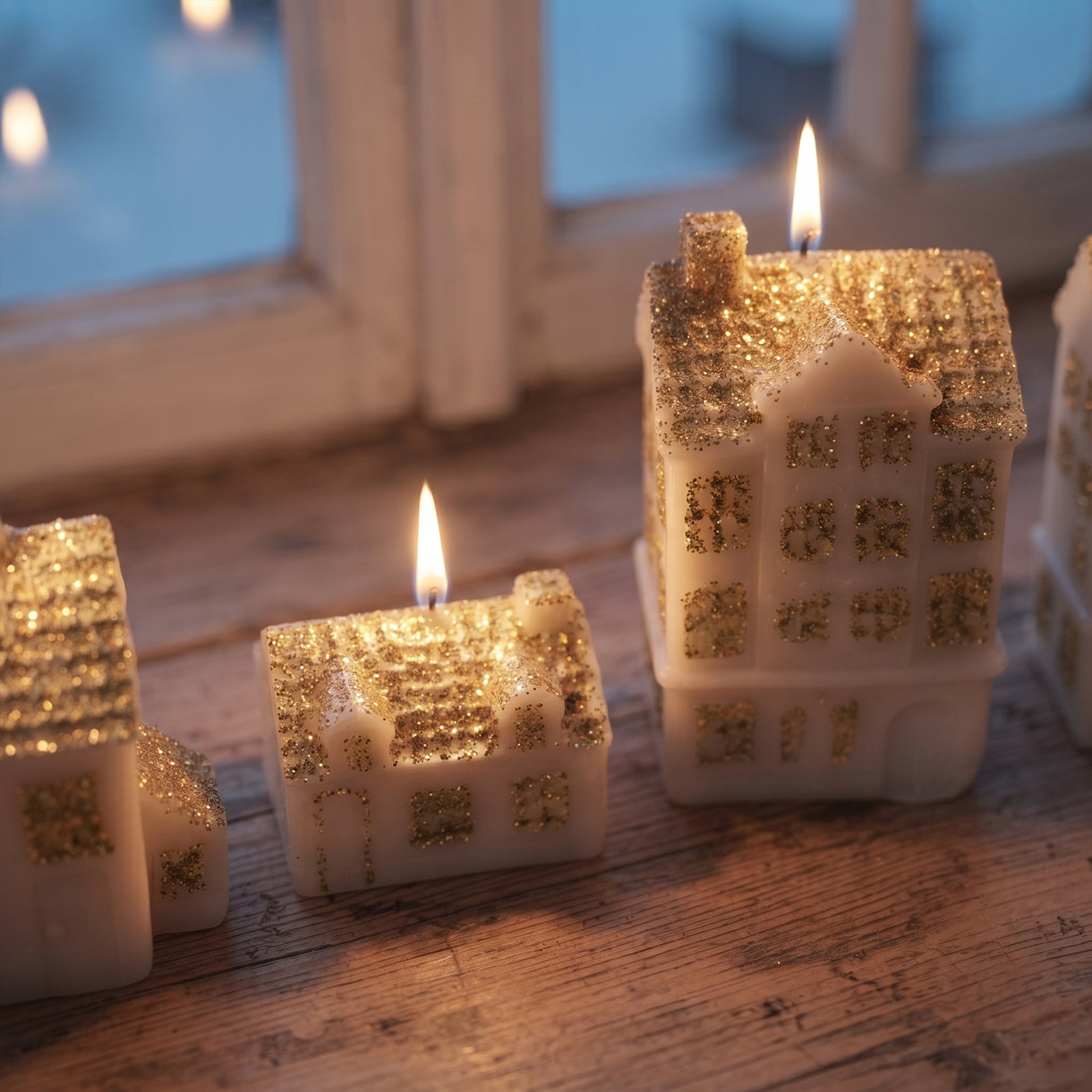 Little Winter Village candle house detail with lit wick