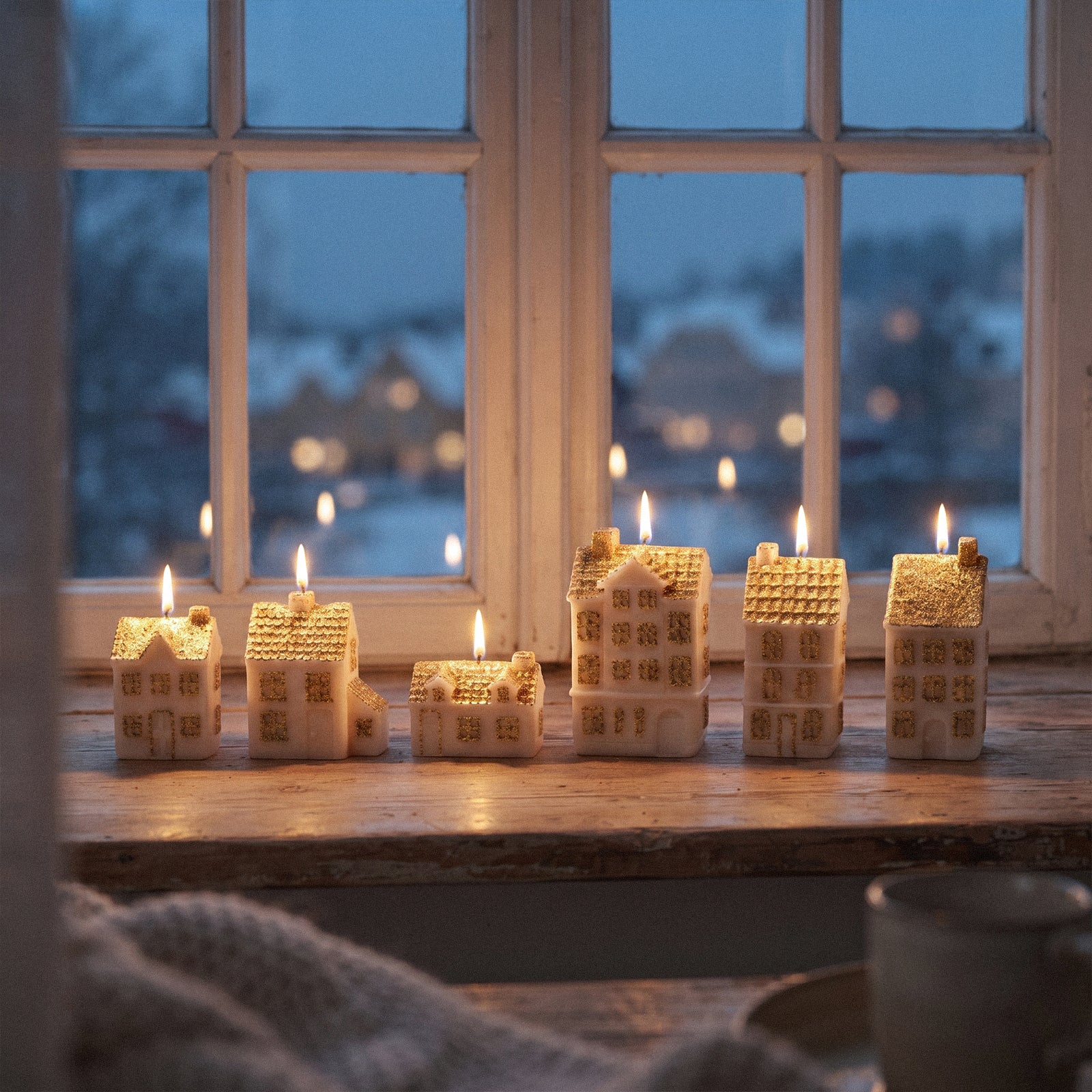 Little Winter Village Candle Silicone Mold Collection - six house candles lit on a windowsill