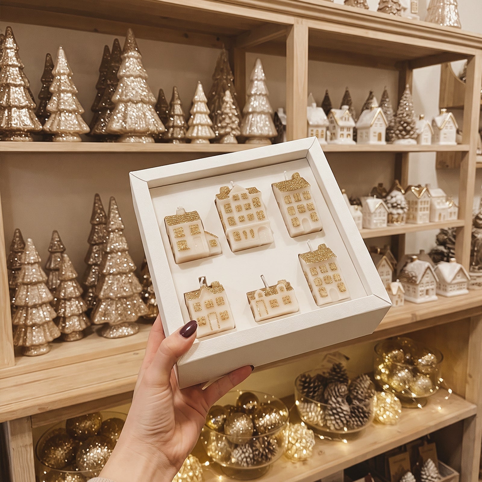 Little Winter Village six-house candle set in a gift box