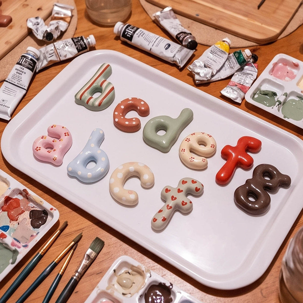 Painted lowercase letter ornaments with decorating tools
