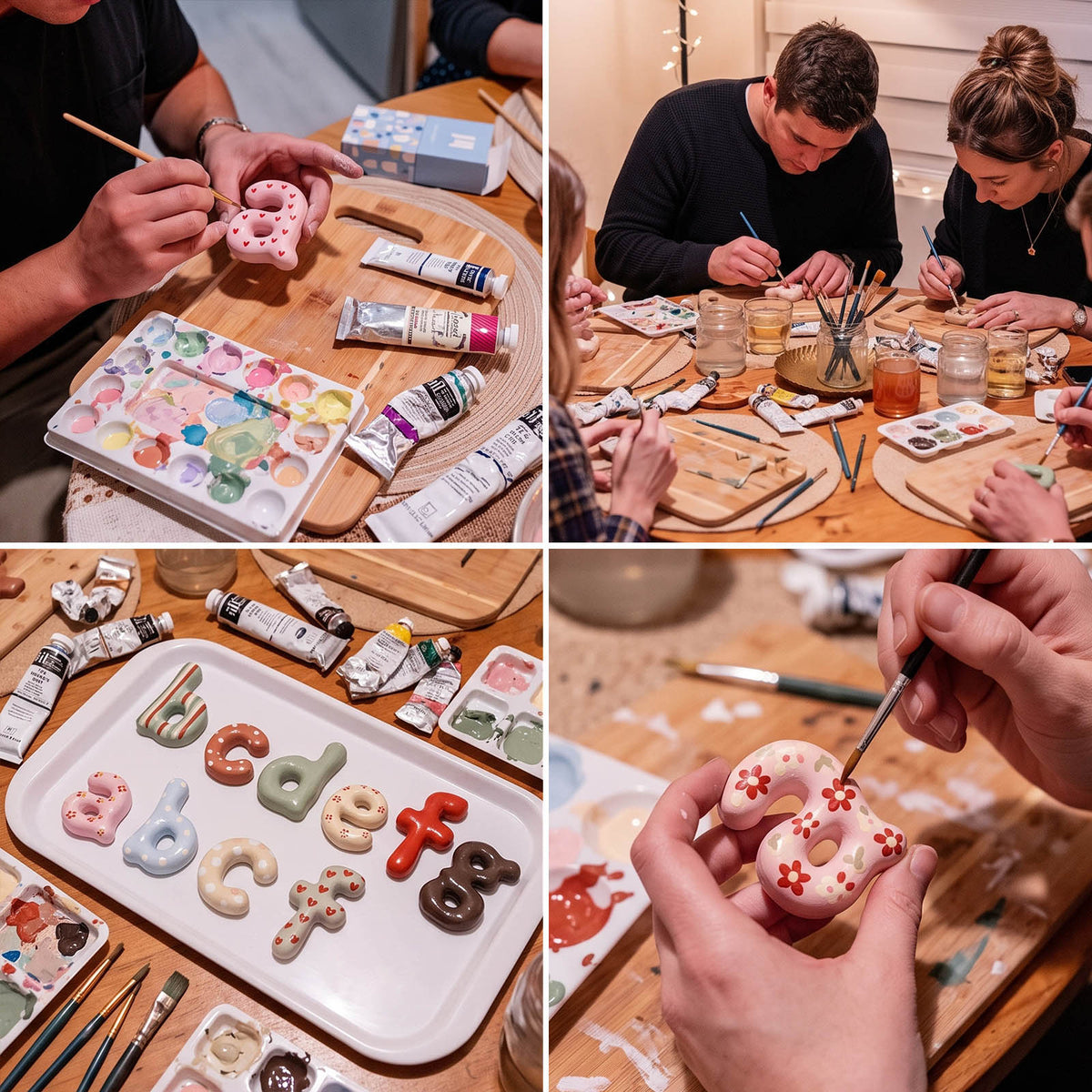 Friends painting lowercase alphabet ornaments at a craft workshop