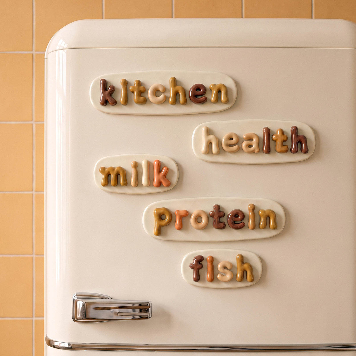 Colourful lowercase letter words displayed on a refrigerator