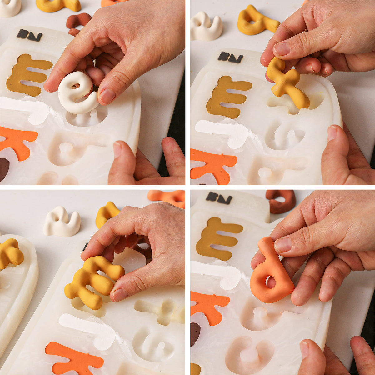 Four close-up views of releasing lowercase letters from flexible silicone molds