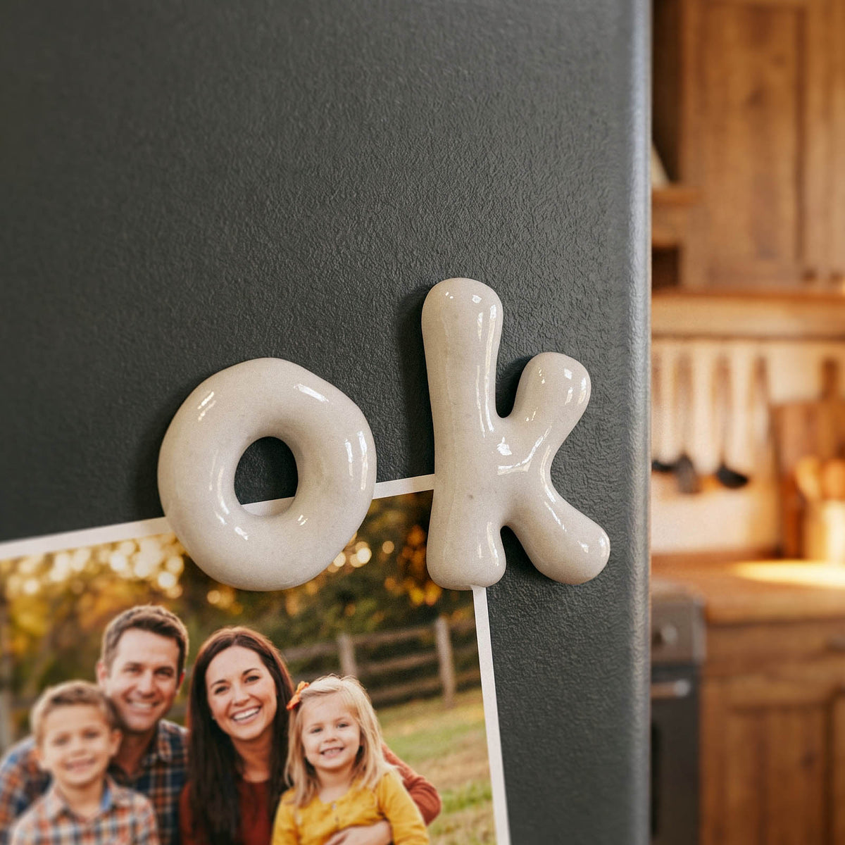 Lowercase letters spelling ok displayed above a photograph on a refrigerator
