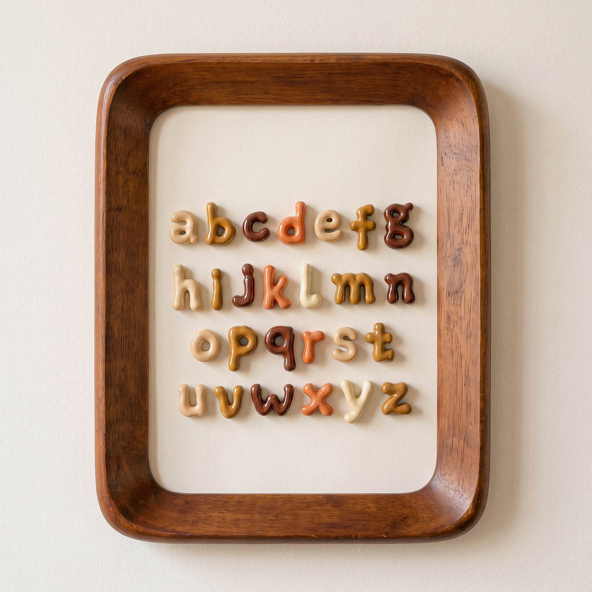 A complete set of lowercase alphabet letters arranged in a wooden frame