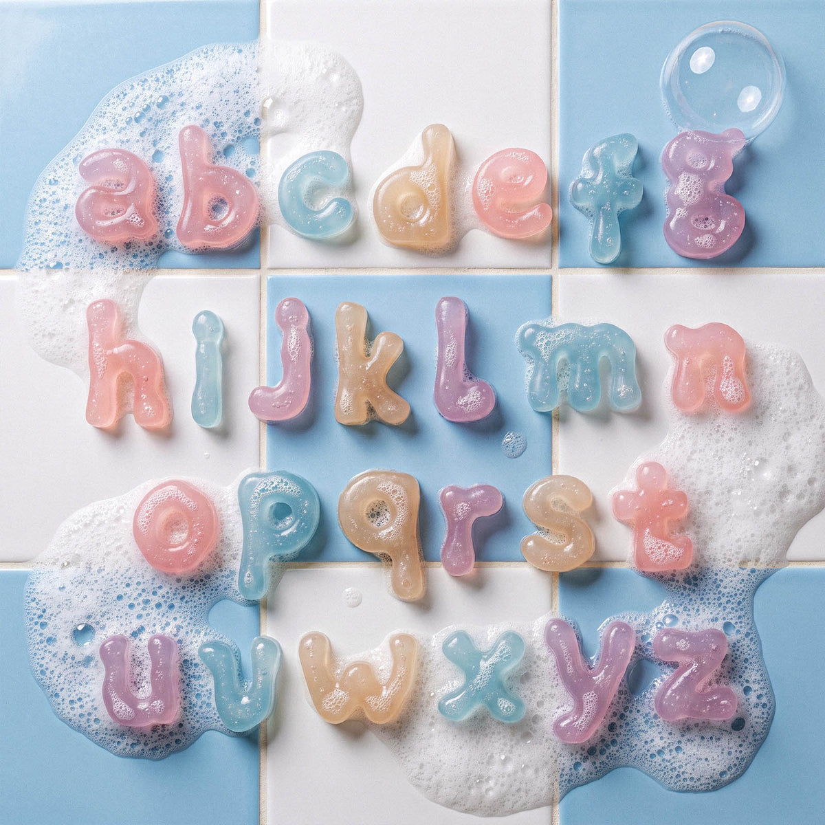 Pastel lowercase letter soaps arranged from a to z on a tiled background