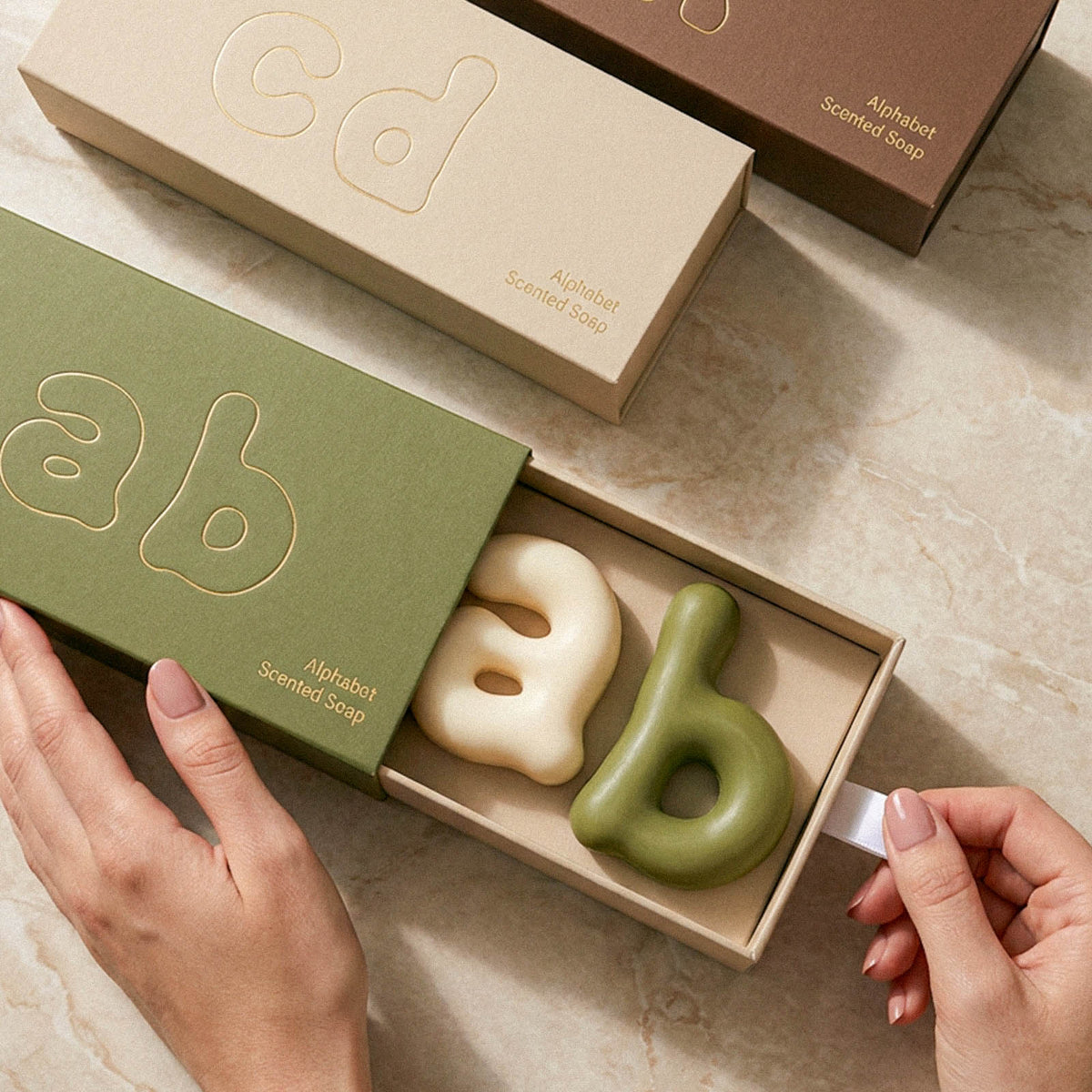 Personalized letter soaps presented in gift boxes