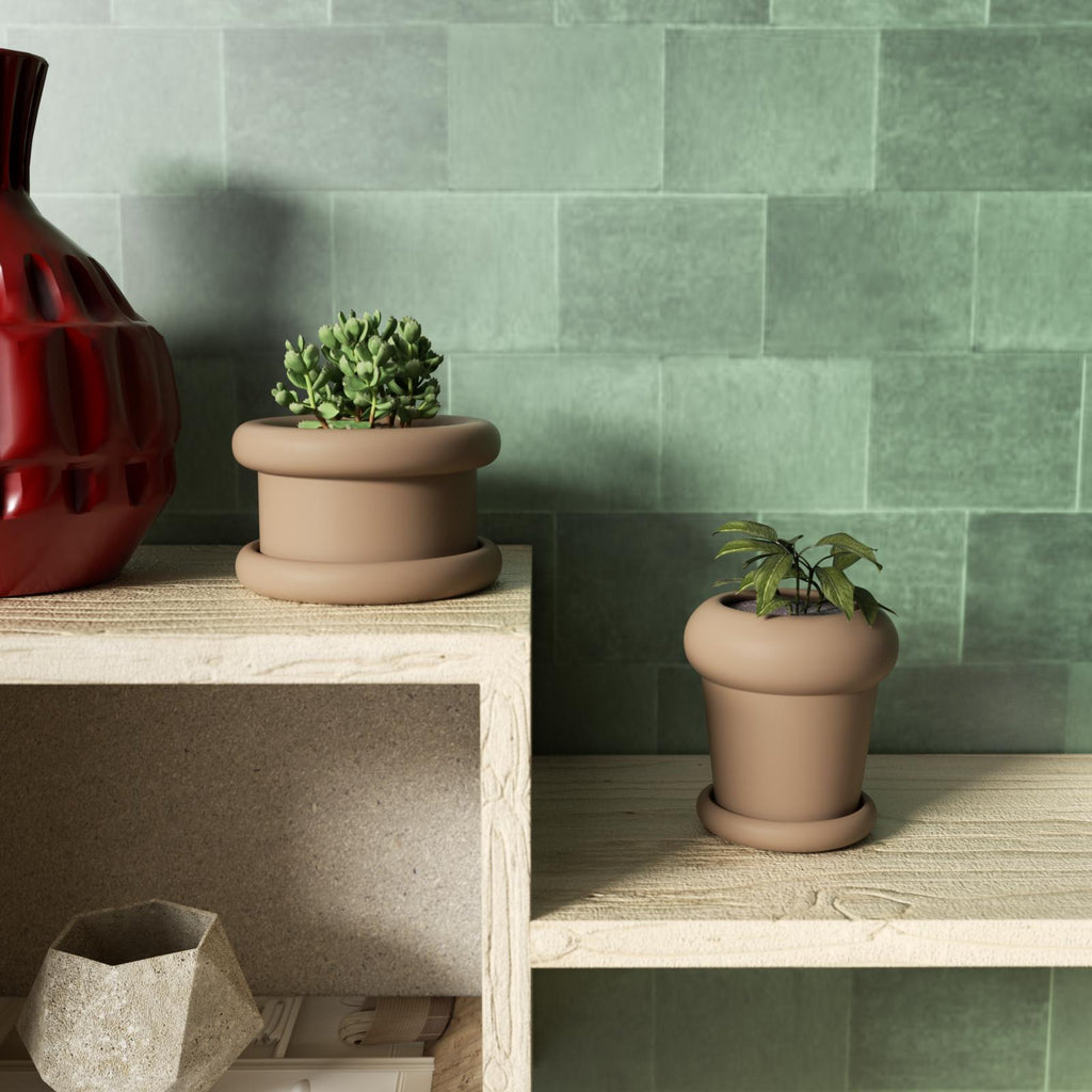 Gray Tall/Short Botanic Column Plant Pot-Boowan Nicole for planting plants placed on indoor storage shelves