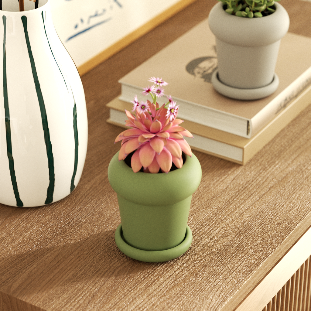 Green Tall Botanic Column Plant Pot-Boowan Nicole placed on the table with plants
