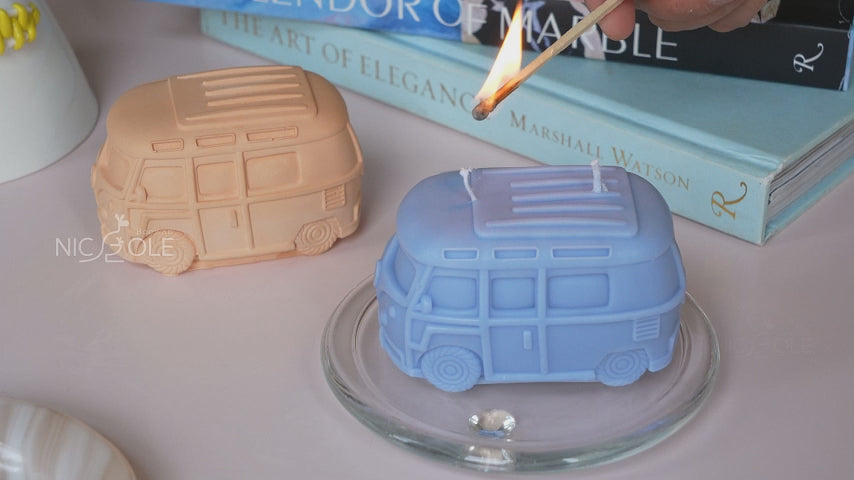 Blue Kombi Vintage Camper Van Candle usage scene and video made using silicone mold-Boowan Nicole