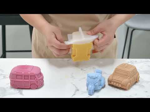 Video tutorial on making a retro car-shaped candle using a silicone mold, designed by Boowan Nicole.