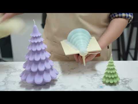 Video tutorial for making 6-inch layered Christmas tree candles using silicone molds, designed by Boowan Nicole.