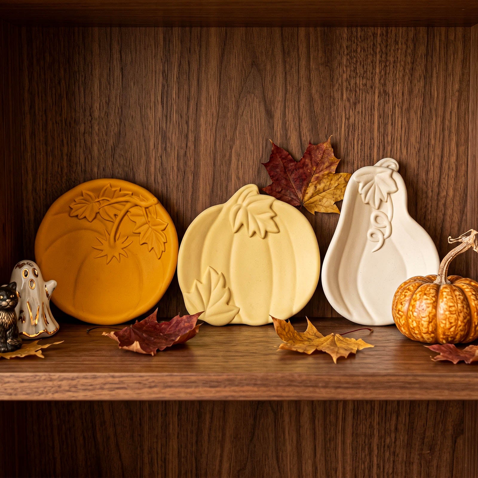 Three ceramic fall-themed decorative plates shaped like a pumpkin, pear, and pumpkin with a leaf design, displayed on a wooden shelf alongside autumn leaves and a small ghost figurine.
