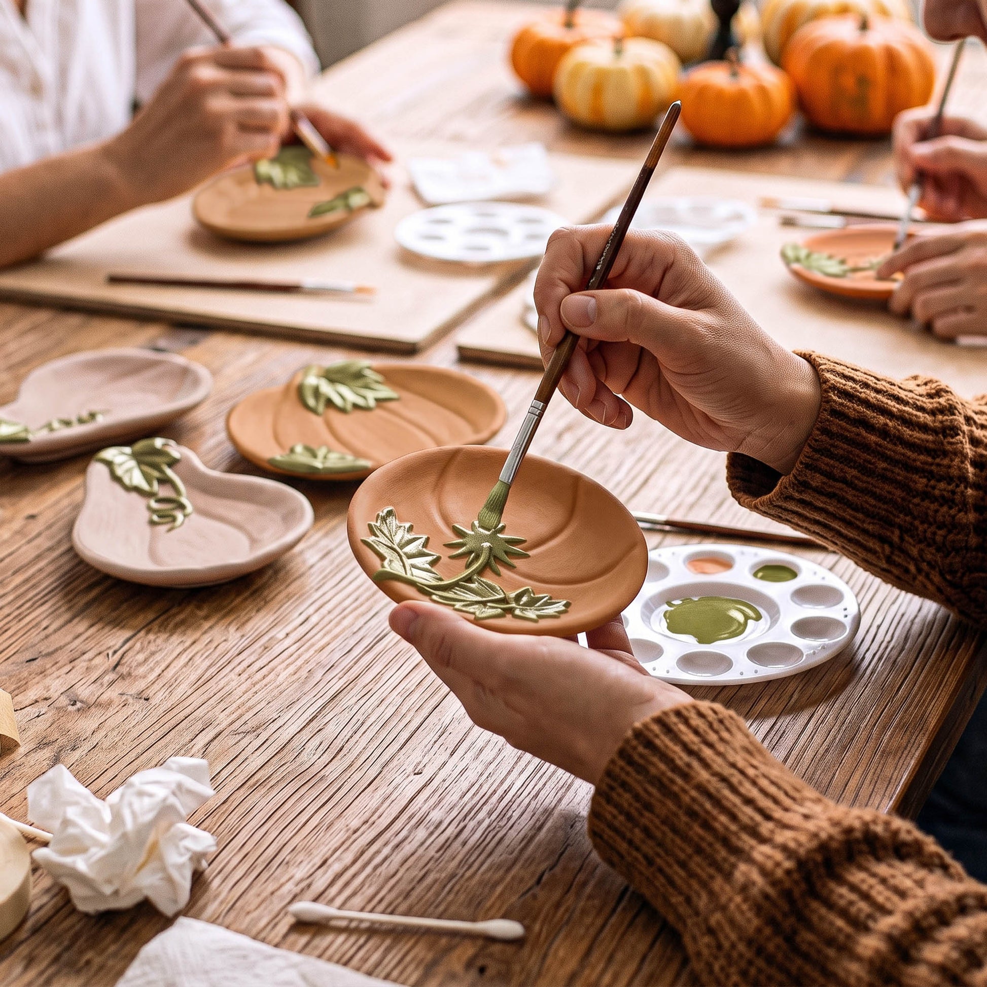 A close-up of hands painting terracotta pumpkin-shaped dishes with green leaf designs on a wooden table, with other participants and small pumpkins in the background.