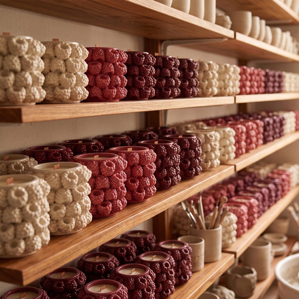 Rows of raspberry candle jars in different colours on studio shelves