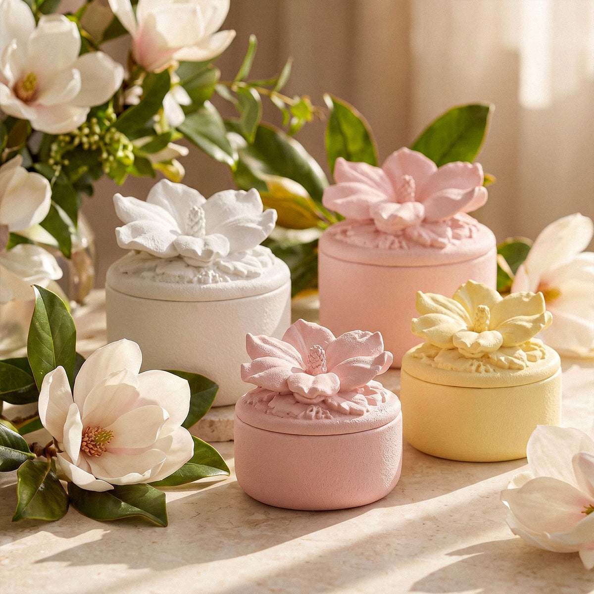 Pastel pink, yellow and white hibiscus candle jars