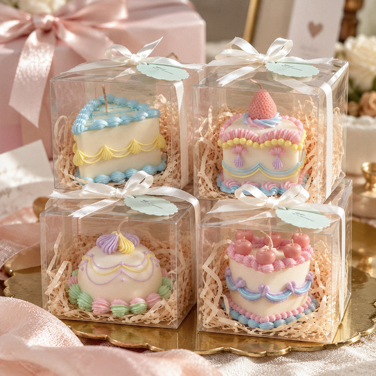 Pastel cake candles presented in clear ribbon-tied gift boxes