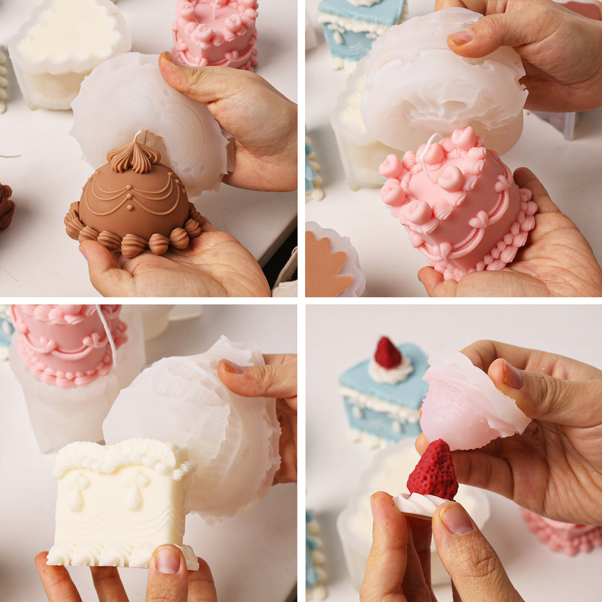 Demolding detailed cake candles and a separate strawberry-shaped topper
