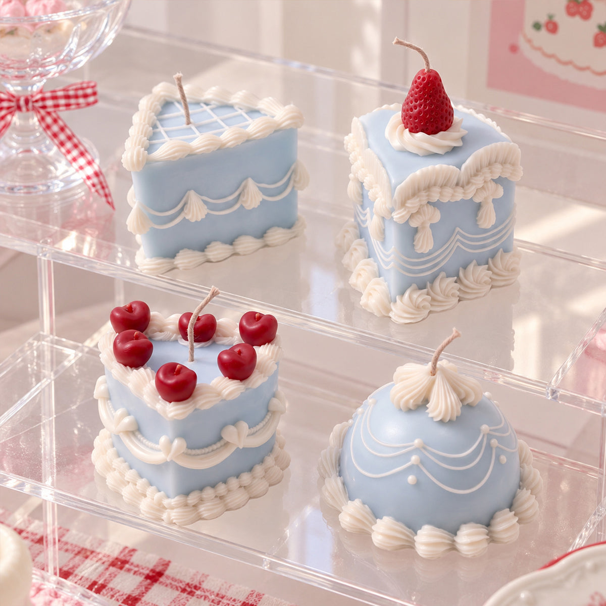 Four finished pastel cake candles displayed together on a table