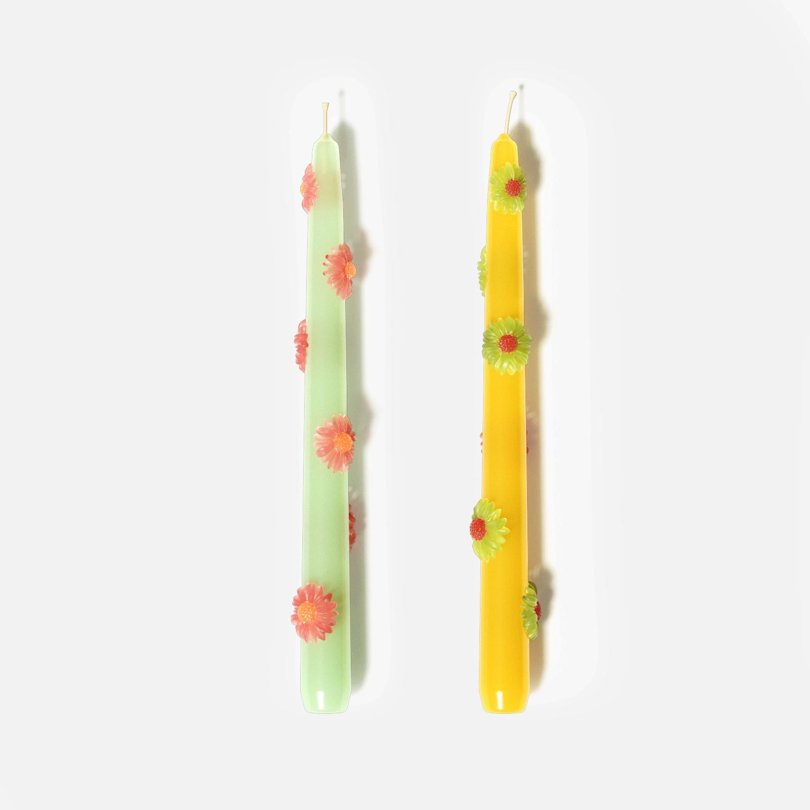 BLOSSOM Taper Candle Daisy Delight - Set of 2 - Soft Mint & Sunshine Yellow-Long Version