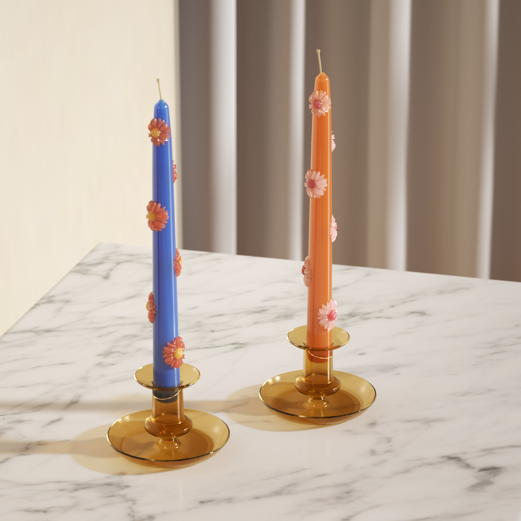 Yellow and blue taper candles with daisy accents on brown glass candle holders-Boowan Nicole