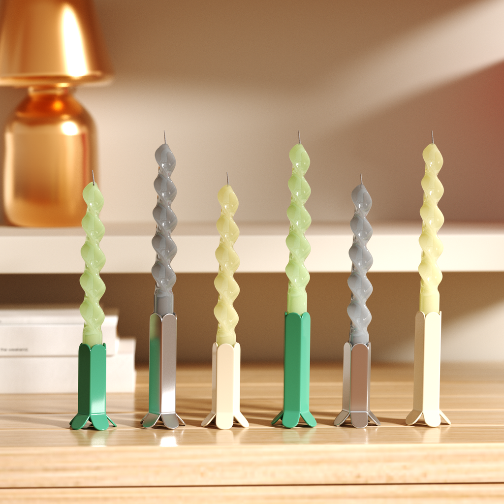 Six green, yellow and purple Glossy Spiral Taper Candle-Boowan Nicole placed on the table candlestick