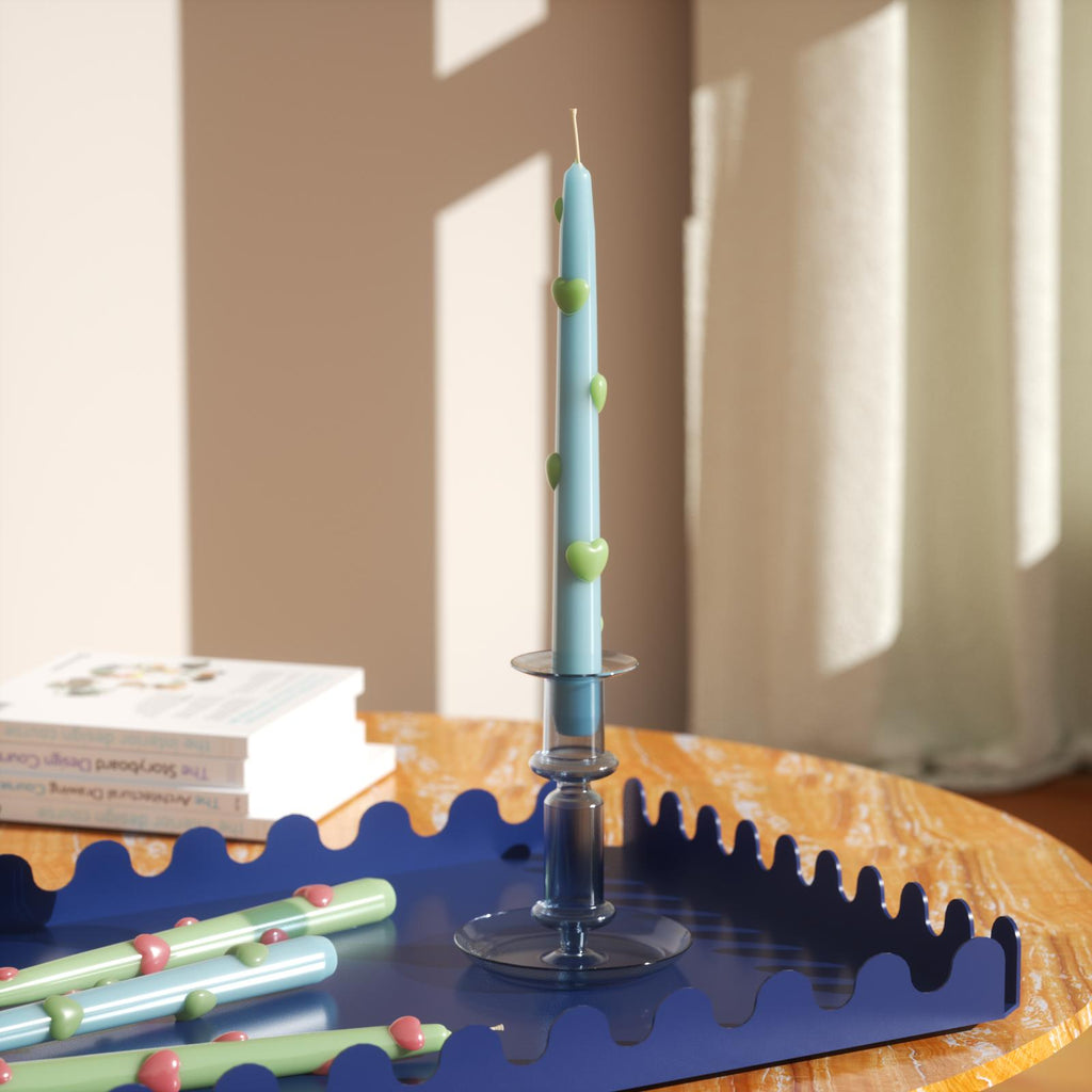 Teal blue with green heart accents on dark blue candlesticks-Boowan Nicole