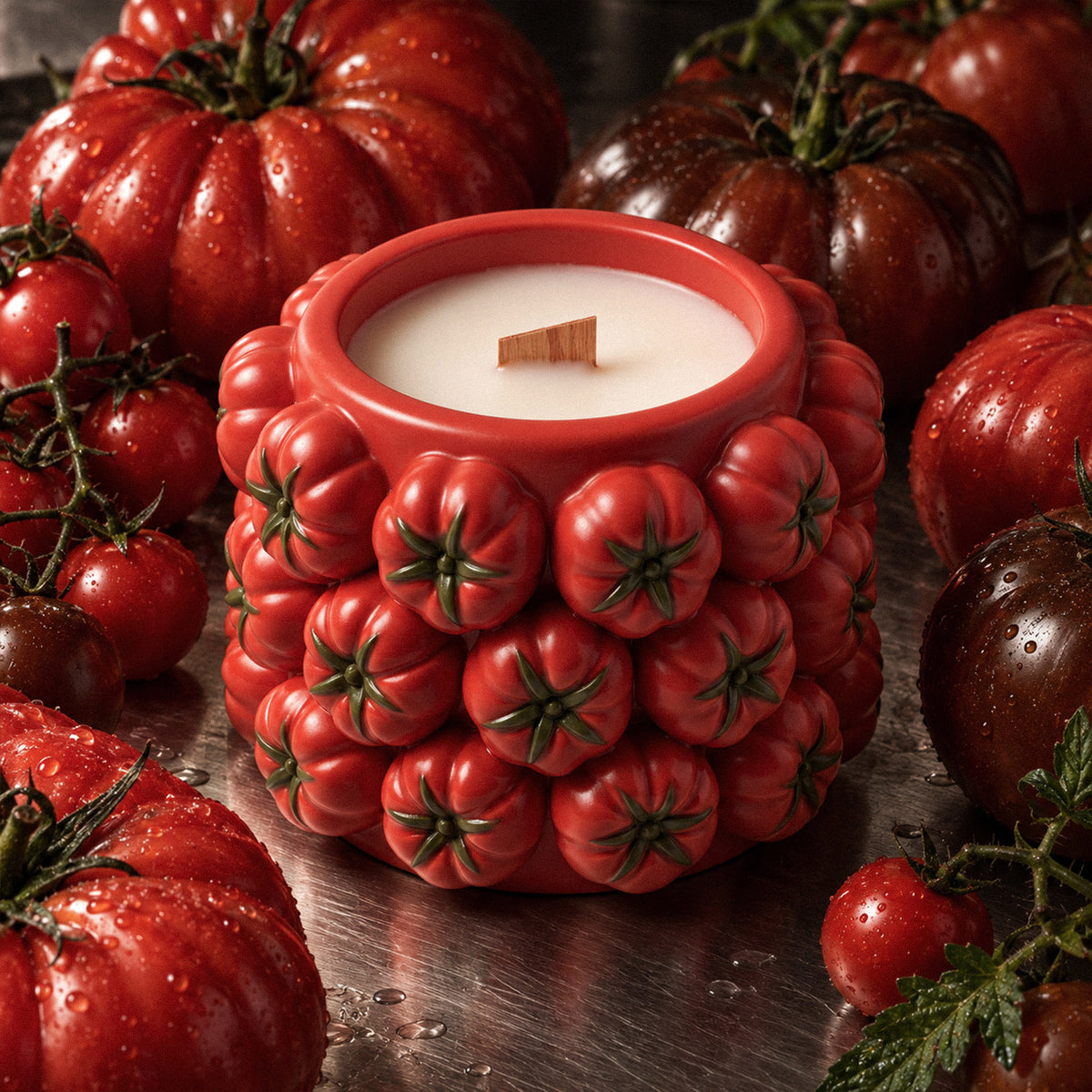 Red tomato-cluster candle jar with a wooden wick, surrounded by tomatoes