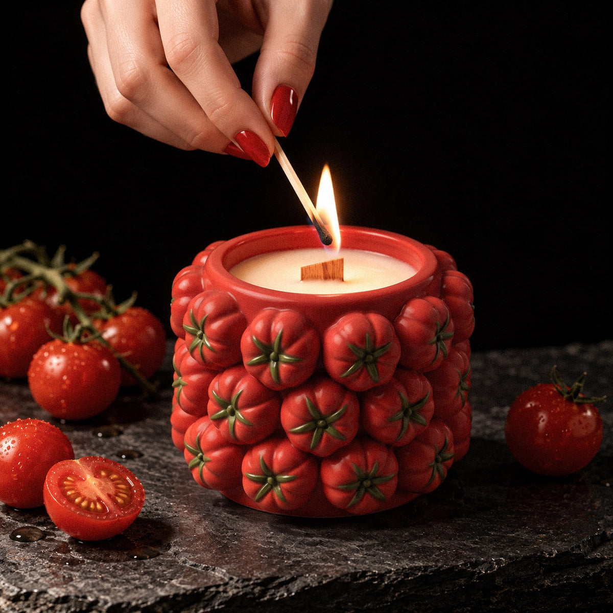 Lighting the wooden wick in a red tomato-cluster candle jar