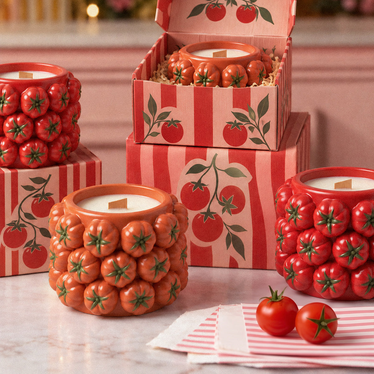 Red and orange tomato-cluster candle jars displayed with tomato-patterned gift boxes