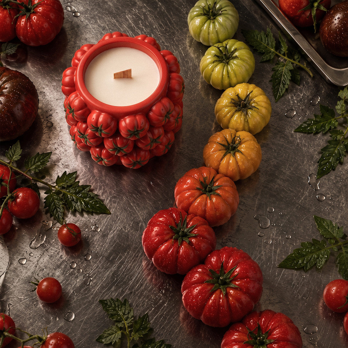 Overhead view of a tomato-cluster candle jar surrounded by red and green tomatoes