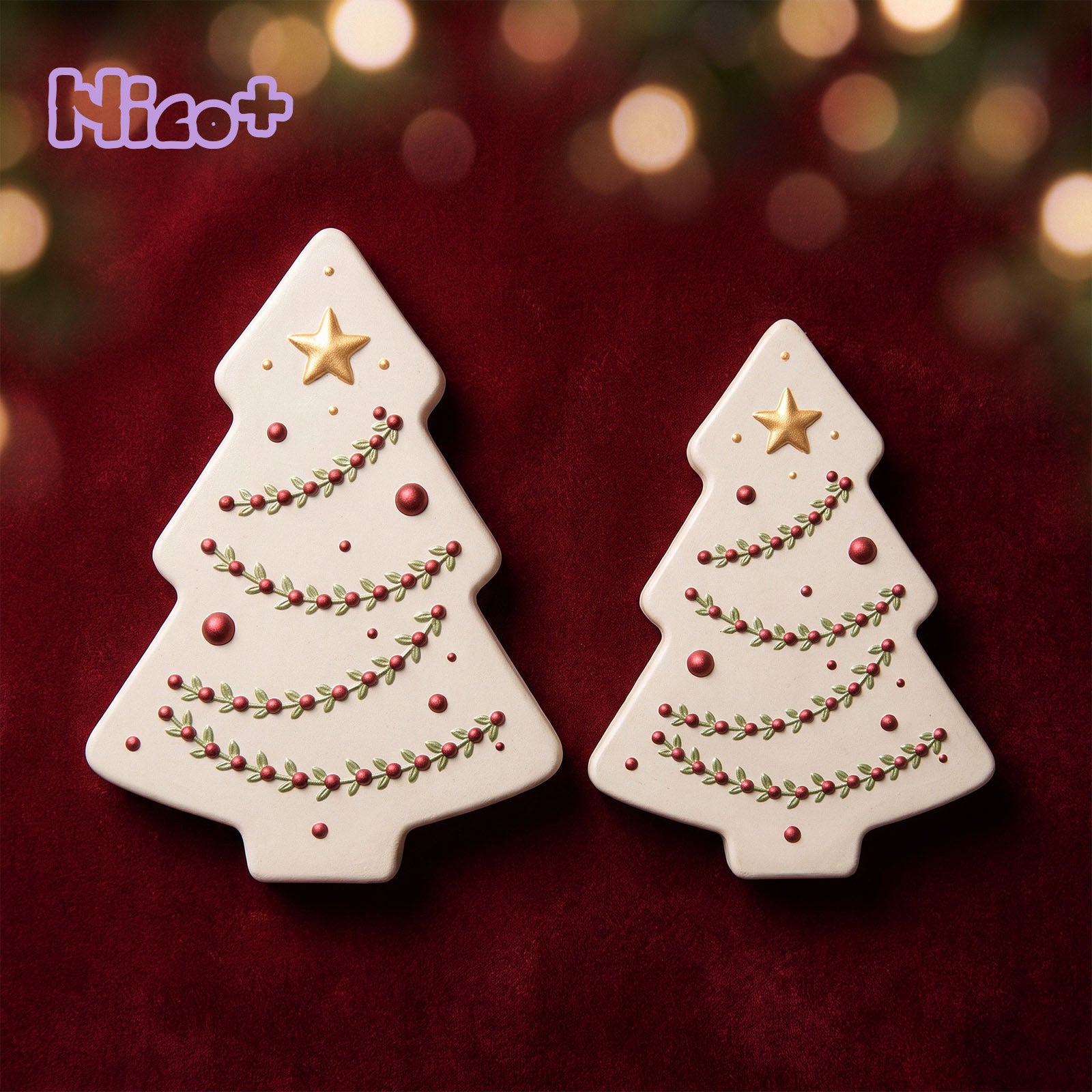 Two Nico+ Twinkle Christmas Tree Candle Jar silicone mold castings in Small and Large sizes, each topped with a gold star and cascading garland-and-berry pattern, displayed side by side against a dark red background with bokeh lights.
