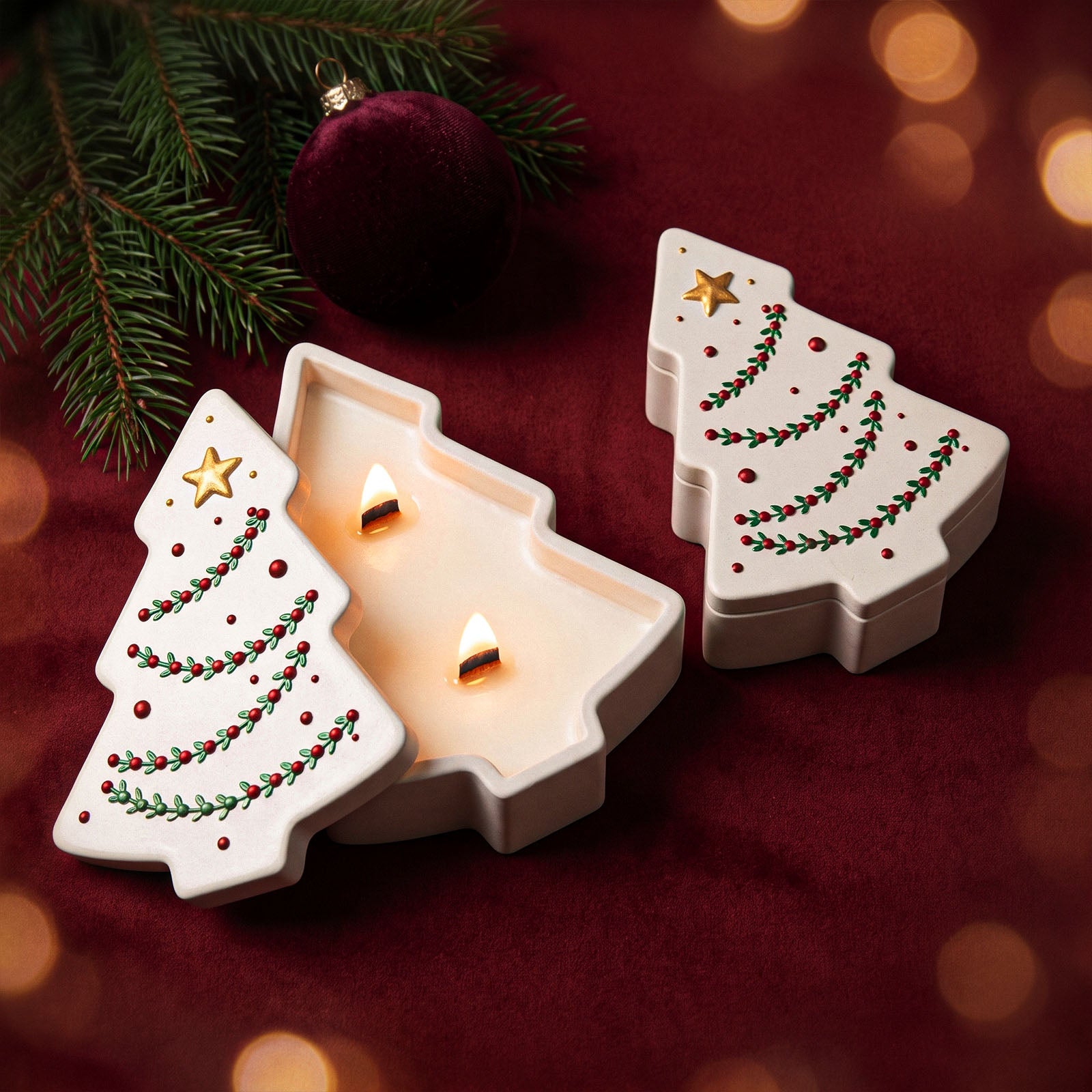 An open Twinkle Christmas Tree candle jar with two lit wicks beside its matching gold-star lid, next to a closed Large size tree-shaped candle jar, styled with a pine sprig and a burgundy ornament on a dark red background.